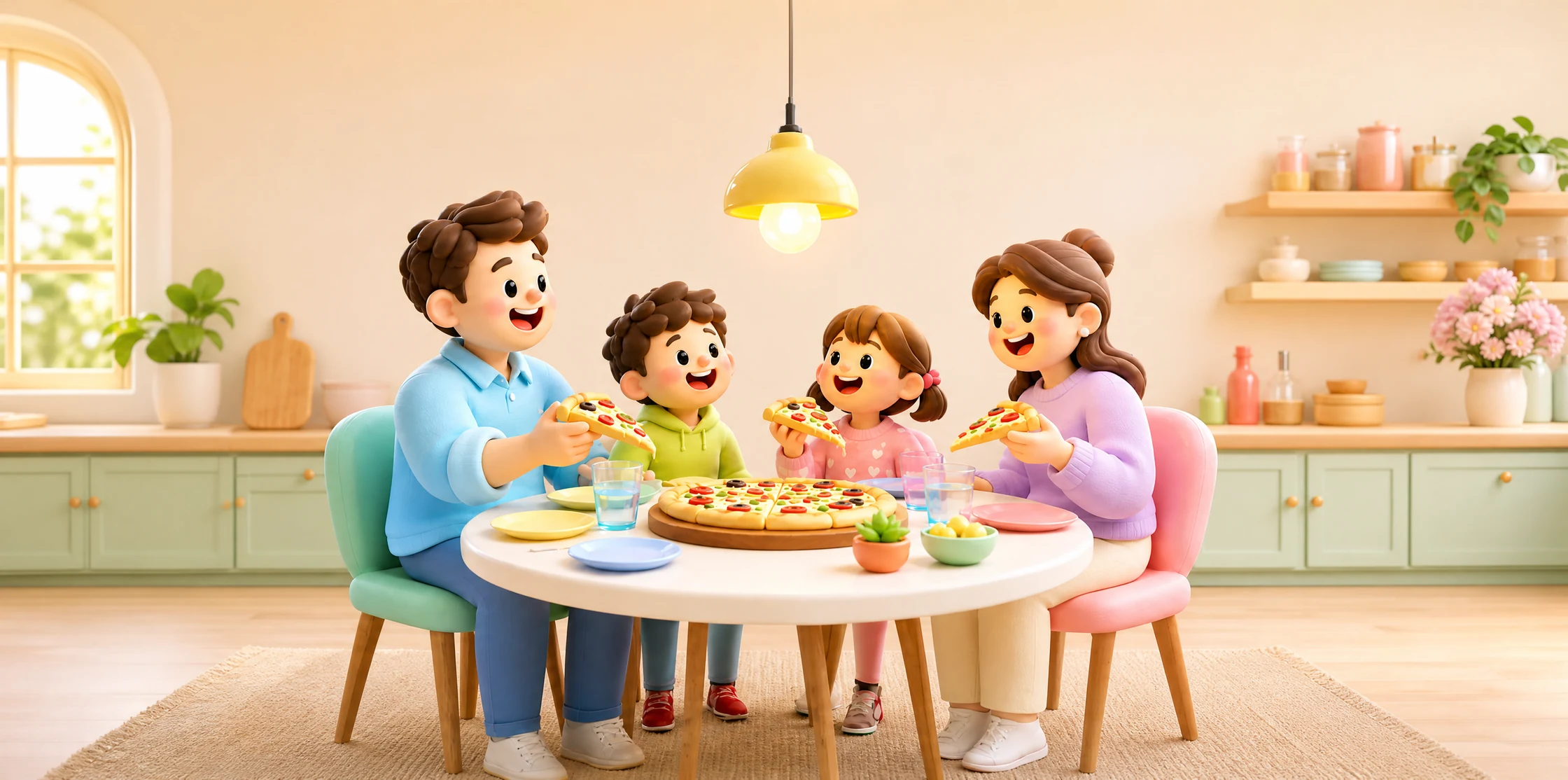 A family of four sharing Friday pizza night around a round table in a sunlit kitchen