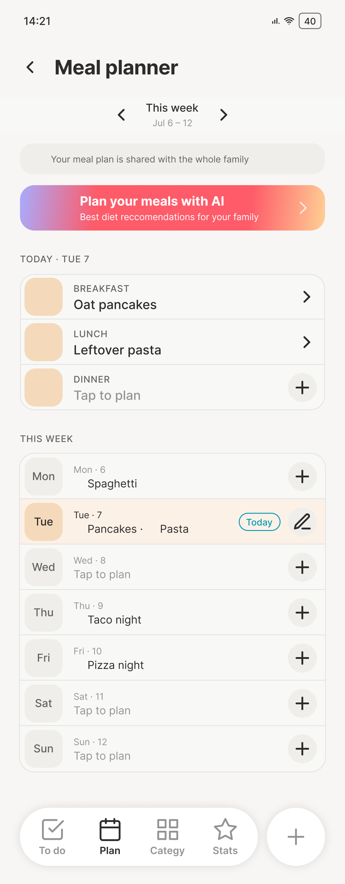 Tendd meal planner for the week