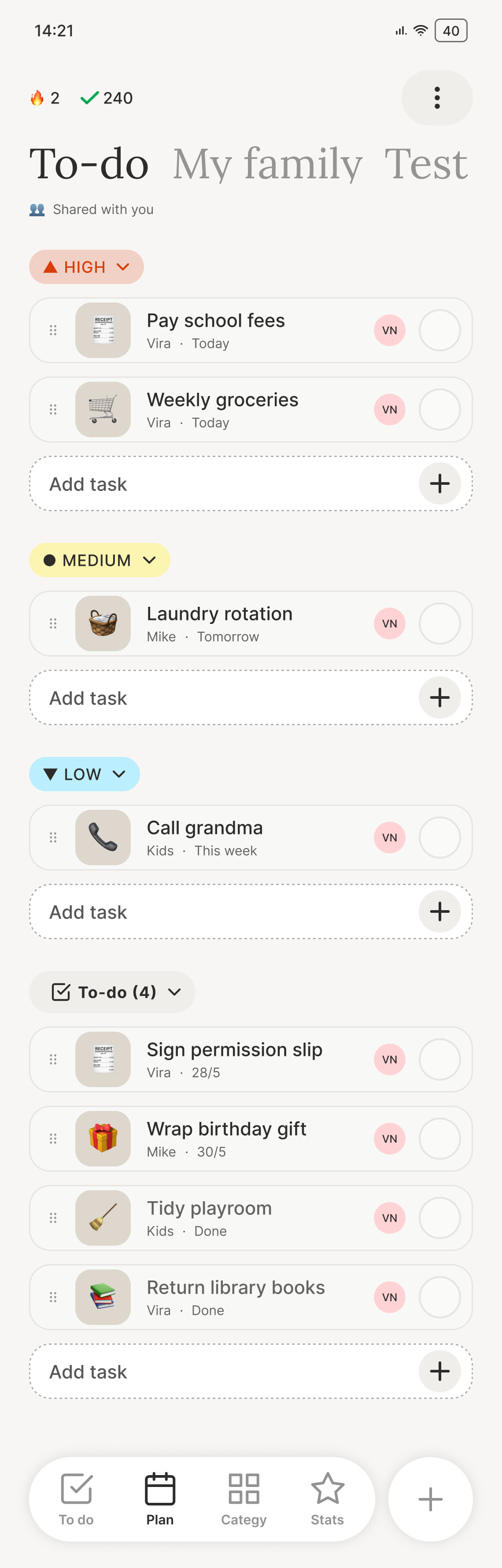 Tendd shared to-do list grouped by priority
